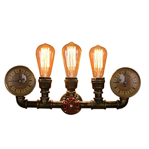 Lingkai Industrial Water Pipe Wall Sconce 3-Light Steampunk Lighting Wall Light Fixture Vintage Wall Lamp in Antique Bronze Finish