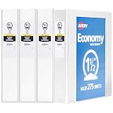 Avery 1.5" Economy View 3 Ring Binder, Round Ring, Holds 8.5" x 11" Paper, 4 White Binders (19201)