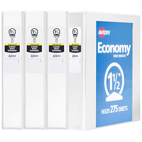 Avery 1.5" Economy View 3 Ring Binder, Round Ring, Holds 8.5" x 11" Paper, 4 White Binders (19201)