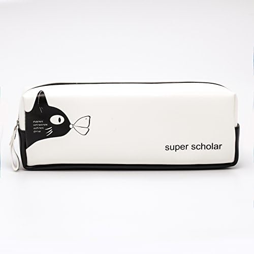 Leather White Muti-Functional Large Capacity PU Pen Pencil Case Travel Make-Up bags, Students Stationery Pouch Zipper bag, for Home, School, Office, Travel-Cats.