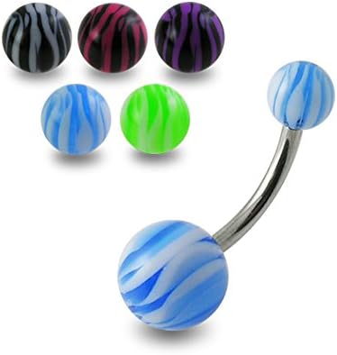 Curved Barbells 14Gx1/2 (1.6x12MM) 316L Surgical Steel Banana with 5/8MM UV Zebra Ball Belly Rings - 10 Pieces Assorted Color as Show