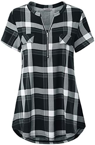 JCZHWQU Women's Zip Up V Neck 3/4 Rolled Sleeve Casual Plaid Tunic Shirt