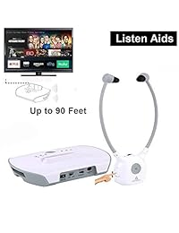 Auricular inalámbrico de Hearing Aid sistema, artiste   2.4 G televisión Assistive escuchar Auriculares, incluido el transmisor inalámbrico, para los ancianos Hearing Aid Auriculares con micrófono, 2 paquetes battery white