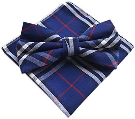 Men's Boys Pre-Tied Tartan Plaid Bow Tie Set Cotton Checks Tuxedo Bowties and Pocket Square Set