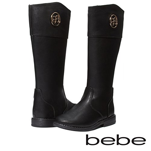 bebe Baby Toddlers Girls Black/Silver Knee High Cut Riding Boots With Medallion and Side Zip Size 7