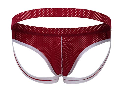 ARCITON Men's Sexy Jockstrap Breathable Mesh G-String Thong Underwear Large(Waist: 30"- 32") Rose Red