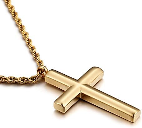 HanTian Stainless Steel Plated Cross Pendant 24" Necklace (Golden)