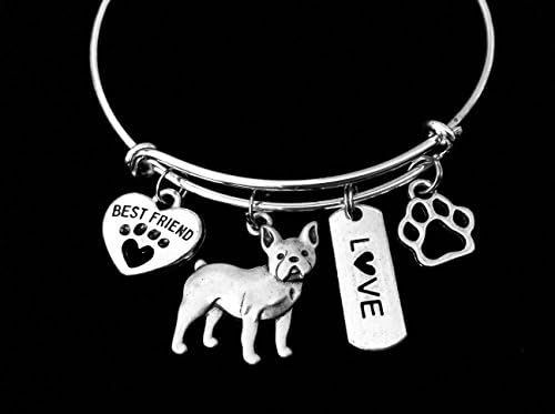 French Bulldog Dog Expandable Charm Bracelet Silver Adjustable Wire Bangle Gift Best Friend Paw Print Pet Animal Lover Jewelry Gift Personalization Customization Options