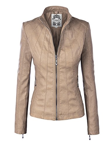 MBJ Womens Faux Leather Zip Up Moto Biker Jacket with Stitching Detail