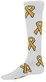 Red Lion Gold Ribbon Childhood Cancer Socks Knee High ( White / Gold - Medium )