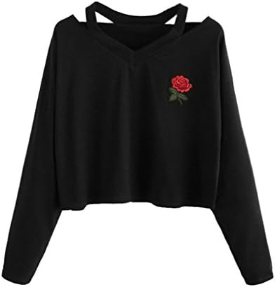 Flingdress Rose Print Tops Blouse, Fashion Hot Womens Long Sleeve Sweatshirt Rose Print Causal Tops Blouse, (Black, L)