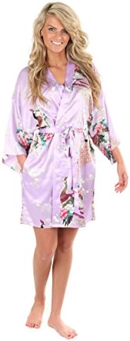 Anntourage Women's Kimono Robe, Peacock Design-Lavender-Small/Medium, Short- CLOSEOUT