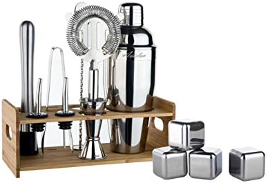 Bar Tools Cocktail Shaker Set-13Piece Home Bartender Kit with Martini Mixer, Bamboo Stand, Muddler, Bar Spoon, Double Jipper, Strainer, 2Liquor Pourers, Tongs, 4Whiskey Stones