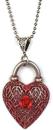 Pewter Faded Red Heart Pendant with Sweet Ceramic Rose Necklace, Valentine's Day, Sweetheart, Love, Goth