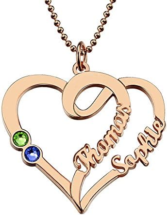 CustomNecklace Heart Names Necklace With Birthstone Sterling Silver Heart Necklace Customized Couple Necklace Love Jewelry Rose Gold 16 inches
