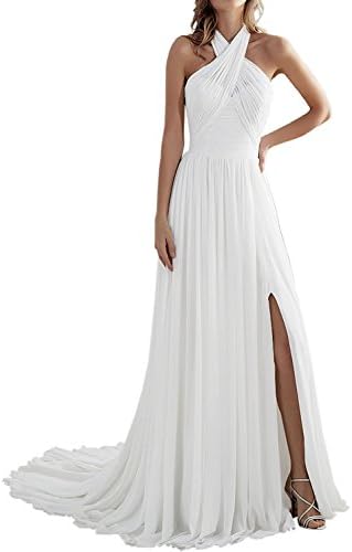 Weiterstar Women's Beach Halter Neck Sleeveless A-Line Backless Chiffon Dresses White US12