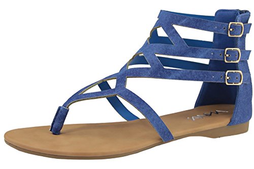 Anna Shoes Women's Cutout Buckle Accent Flat Thong Toe Sandal (7.5 B(M) US, Blue Denim)