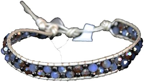 Ivory Beaded Leather Single Wrap Bracelet w/ Mix of Smokey Blue, Brown and Dark Gray Sparkling Stones; Chicago Designer Nakamol 7-9 Inch