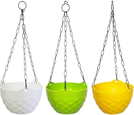 COIR GARDEN-Hanging Garden pots, Diamond Flower pots with Heavy Metal Chain, Set of 3, White, Green, Yellow Color Planter Basket,Flower Pot, 8 inch Dia