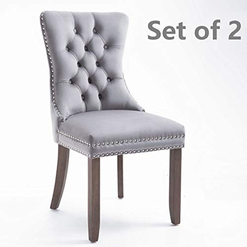 Rhomtree Velvet Fabric Dining Chairs Luxury Tufted Back with Nailed Trim and Back Ring Pull Home Kitchen Dining Room Chairs Armless Side Chairs Solid Rubber Wood Legs, Set of 2 (Grey)