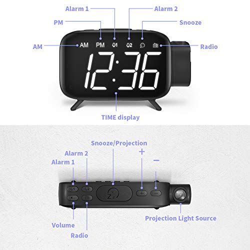 ELEHOT Projection Alarm Clock Large Digital Light and LED Display USB Port for Charging with FM Radio Alarm&Snooze