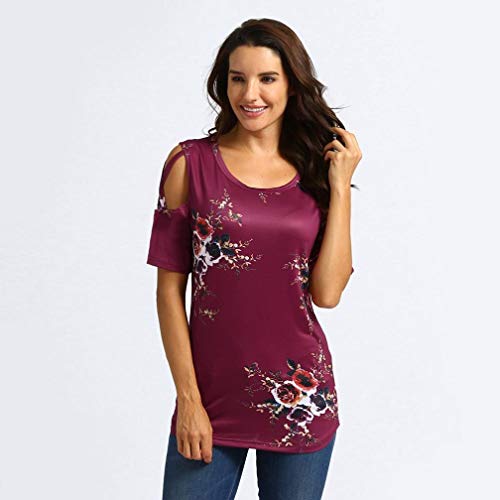 UONQD 2019d Black Summer T Shirt Women Short Sleeve Cold Shoulder Loose Fit Pullover Casual Top(Medium,x1-Wine Red)