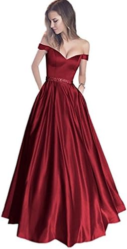Jazylynbride 2018 Women's Satin Off The Shoulder Sweetheart Prom Evening Dress With Pockets
