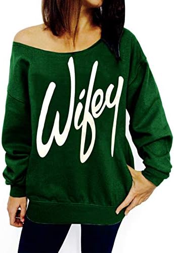 TWKIOUE Women's Sweatshirts Wifey Letter Print Slouchy Pullover Off Shoulder Sweatshirt