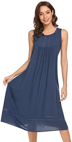 Dorani Ladies Long Nighties Chemise Nightgown O-Neck Silkly Sleep Dress, Dark Blue, L