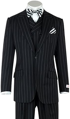 San Giovesse Black Pin-Stripe Wide Leg, Pure Wool Suit &amp; Vest by Tiglio Rosso TIG1052