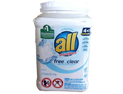 all Mighty Pacs Laundry Detergent, Free Clear for Sensitive Skin, Unscented, Tub, 67 Count