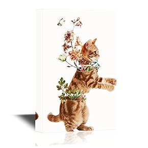 Canvas Wall Art - Abstract Art Featuring a Cat and Flowers Curiosity Concept - Gallery Wrap Modern Home Art | Ready to Hang - 12x18 inches