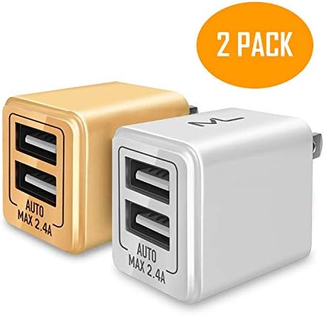 Charger, Quick Charging 2.4A 10W Universal Dual Adapter 2-Port USB Portable Travel Adapter for Nexus, Bluetooth Speaker Headset & Power Bank (2-Pack) (White & Gold)