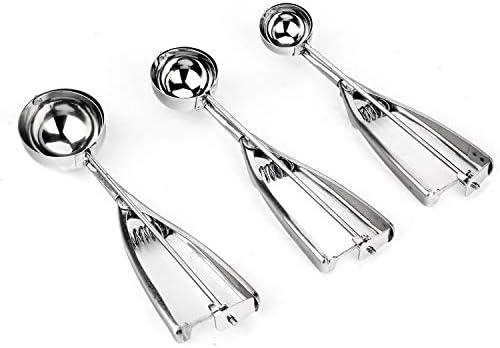 Feesy Ice Cream 3 Piece Stainless Steel with Trigger Cookie-Melon Scoop Spoon Set Small-Medium-Large