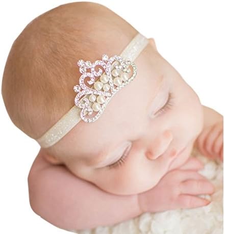 Inspiring Life Crystal Pearl Baby Tiara Headband, Girl, Toddler, Wedding, Photography (White band)