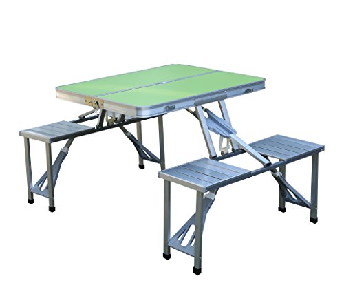 PLAYBERG QI003346G Aluminum Portable Picnic Folding Table with Two Benches, Green