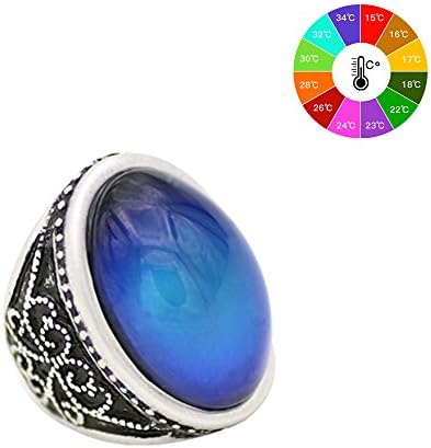 Mood Ring Classic Design Handmade Victoria Pattern Zinc Alloy Antique Sterling Silver Plated Oval Shape Temperature Sensing Color Changing Stone Finger Big Rings for Women Fashion Unique RS052