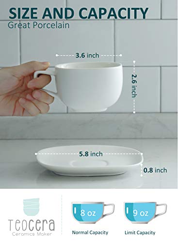 Teocera Porcelain Cappuccino Cups with Saucers - 8 Ounce for Specialty Coffee Drinks, Cappuccino and Tea - Set of 6, Matte White