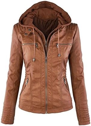 Xinnuod1 Fashion Leather Jacket With Removable Hood For Women Zip Up Large Size Coat