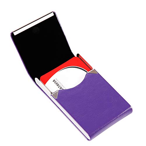 JuneLsy Business Card Holder Case - Professional PU Leather Business Card Case Metal Name Card Holder Pocket Business Card Carrier for Men & Women with Magnetic Shut (S-Purple)