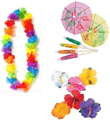 Umbrella Cocktail Parasol Paper Drink Toothpicks Sticks &amp; Picks + Hawaiian Flower Necklace Leis Bulk + Hawaiian Flower Decoration Party Luau Hibiscus Table Top Decoration Favors Supplies