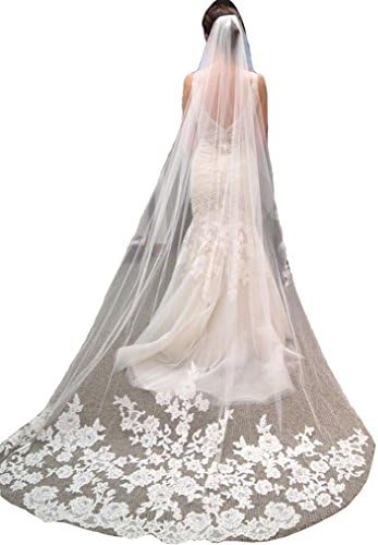 1 Layer White Ivory Cathedral Length Lace Edge Bride Wedding Bridal Veil with Comb (Ivory)