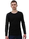 Allegra K Mens Fashion Leather Sleeves Round Neck T Shirts