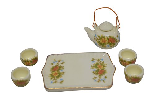 1:12 Scale 7 Piece Mini Dollhouse Size Beige Tone Floral Tea Set with Teapot, Four Cups, and Plate