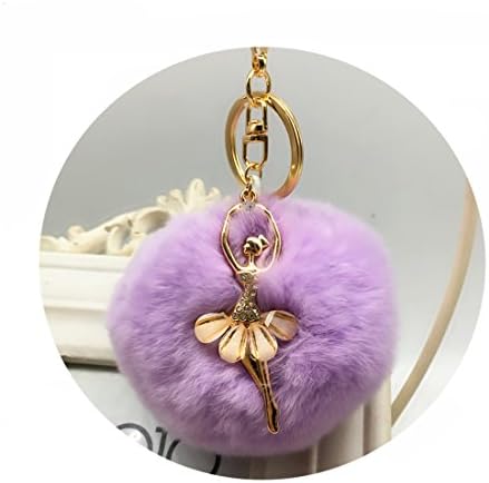 Lmtt Womens Girls Crystal Diamond Angel Ballerina Princess Keychain Keyrings Real Rabbit Fur Rhinestone Ball Pompoms Key Chain for Car Keys Ring Clip with Carabiners Charm Bags Hanging (7)