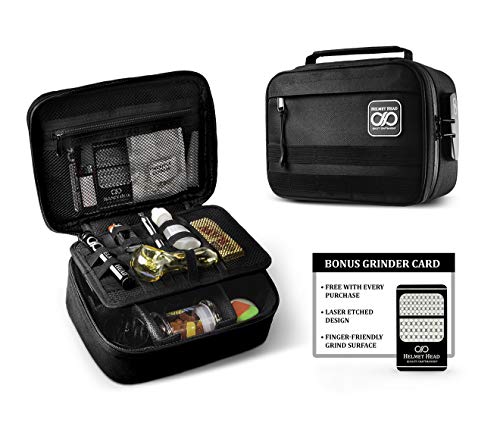 Smell Proof Case + Grinder Card | Durable Water Repellent Odor Proof Smell Proof Bag Container with Combination Lock for your Stash & Smelly Accessories: Pipe, Vape, Rolling Papers (Black)