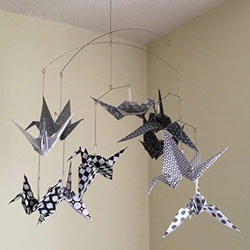 Modern Black and White Origami Bird Crane Mobile Handmade