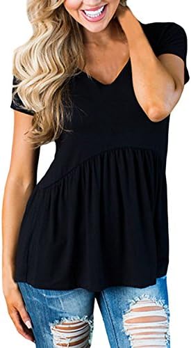 Azokoe Womens Regular Tops Under 20 Scoop Neck Spring Basic Flared T Shirts Casual Loose Short Sleeves Babydoll Shirt Tops and Blouses For Junior Black Large