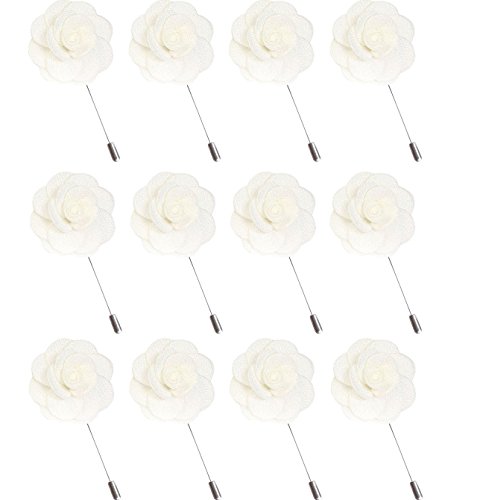 Gellwhu 12pcs Men's Suit Lapel Flower Brooch Pin Rose for Wedding Boutonniere Stick (White)