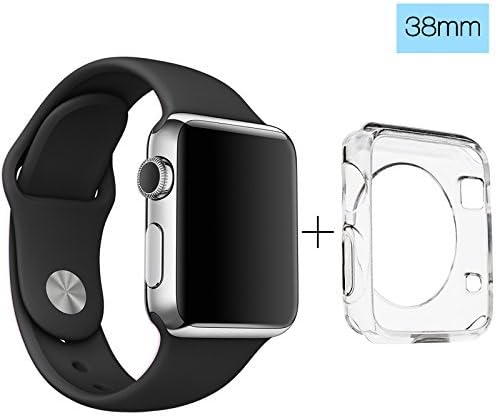 Apple Watch 38mm Band, ClockChoice Silicone Strap Sport Replacement Kit for iWatch, BLACK| Bonus Case Included | No adapter needed | Includes 3 Pieces, for 2 Lengths | For Women and Men Use